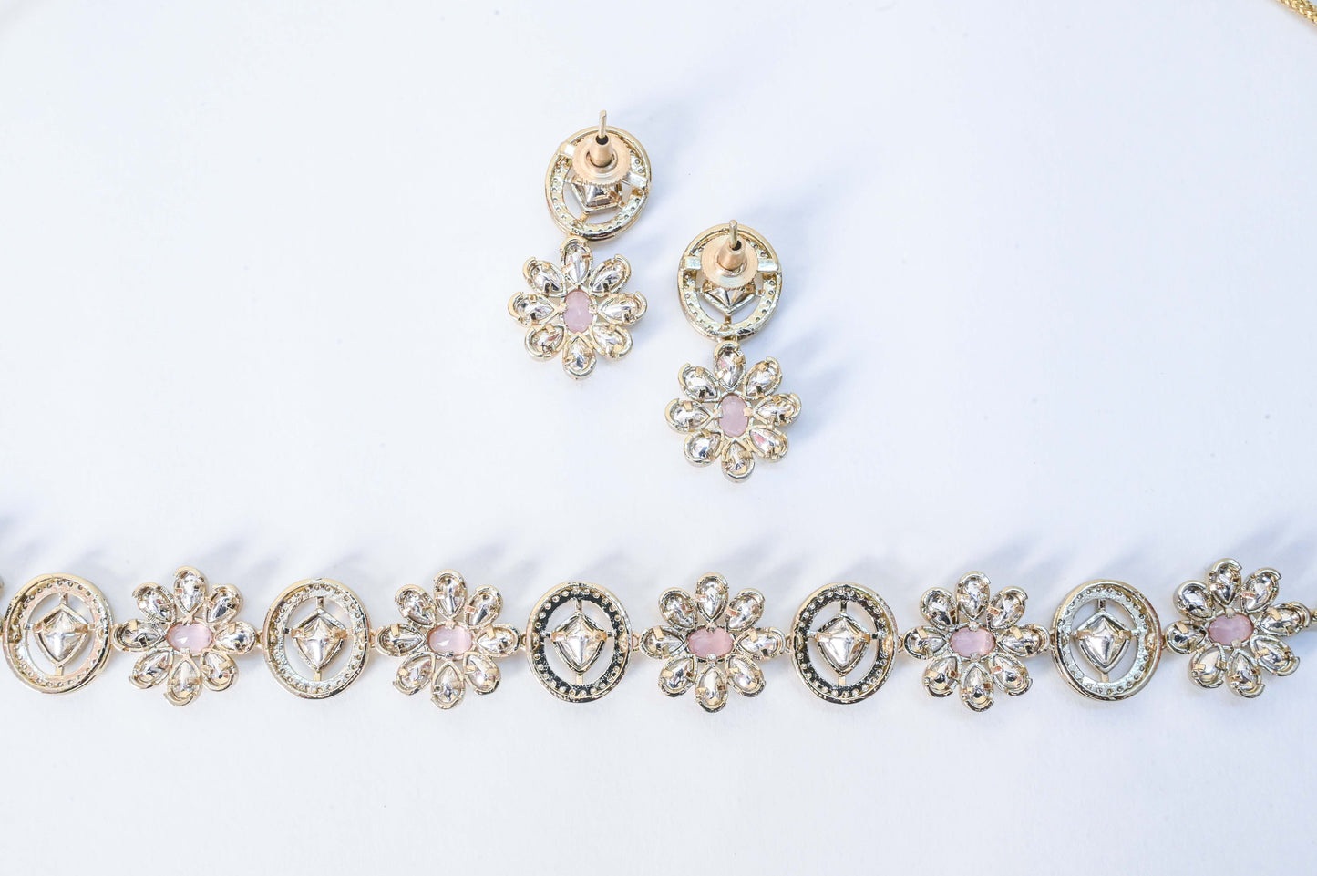 Pink Floral Brass Real Kundan Necklace Set