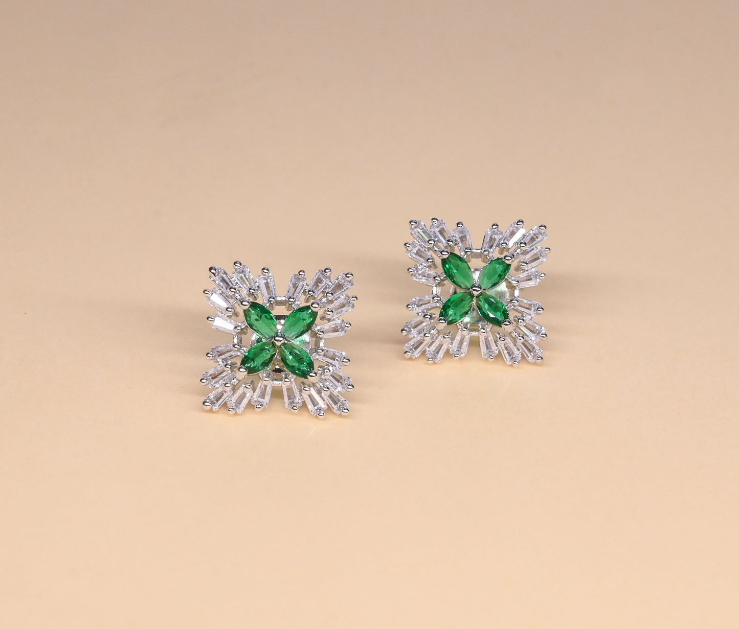 Exquisite Green Floral American Diamond Stud Earrings