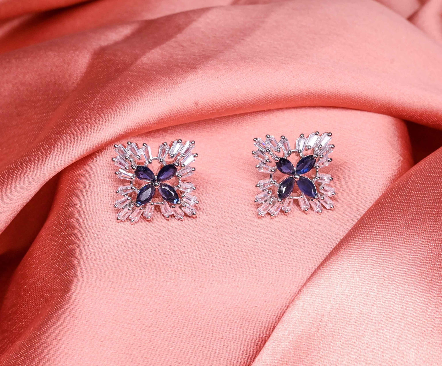 Luxurious Blue Floral American Diamond Stud Earrings