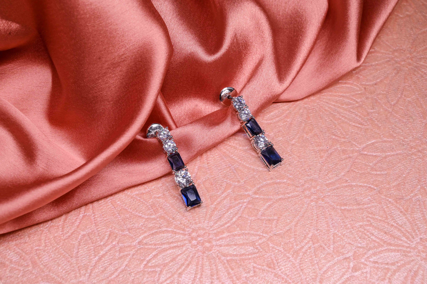 Minimal Royal Blue Stone & AD Necklace with Earrings