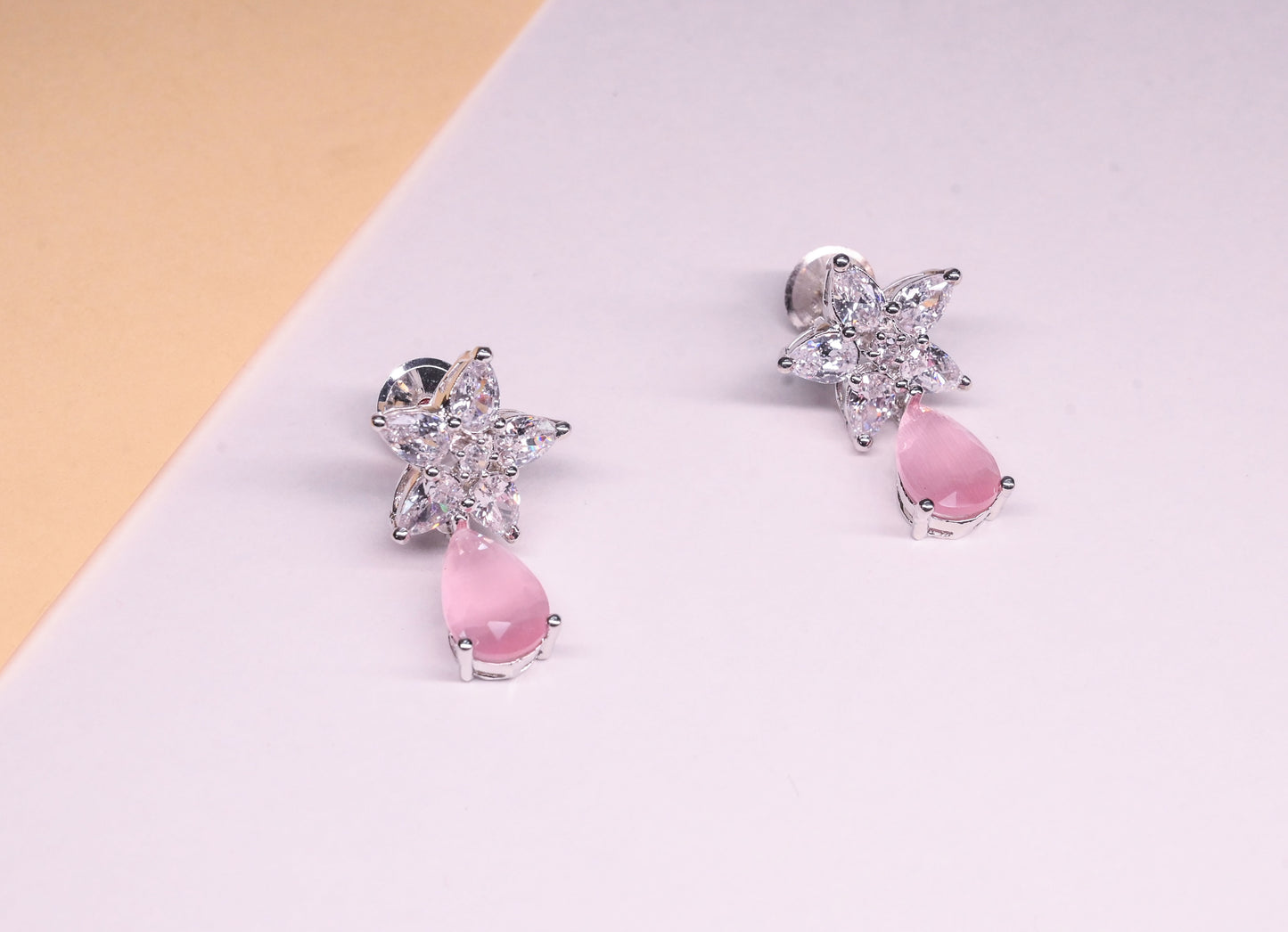 Blush Pink Teardrop Floral Pendant Necklace with Earrings