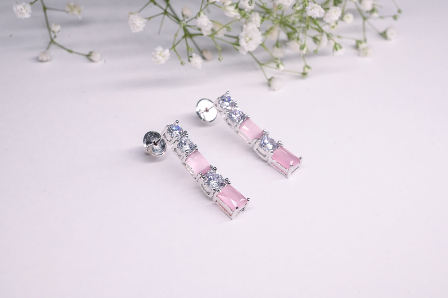 Refined Minimal Pastel Pink Stone & AD Necklace with Earrings