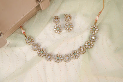 Mint Green Floral Brass Real Kundan Necklace Set