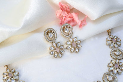Pink Floral Brass Real Kundan Necklace Set
