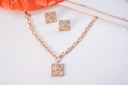 Radiant Square Pendant Real Kundan Necklace with Earrings