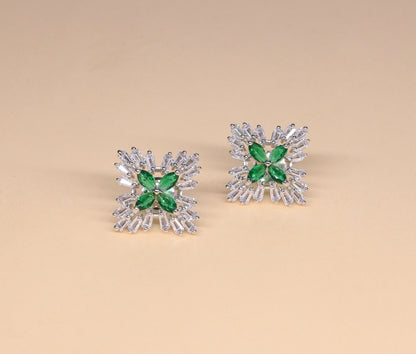 Exquisite Green Floral American Diamond Stud Earrings