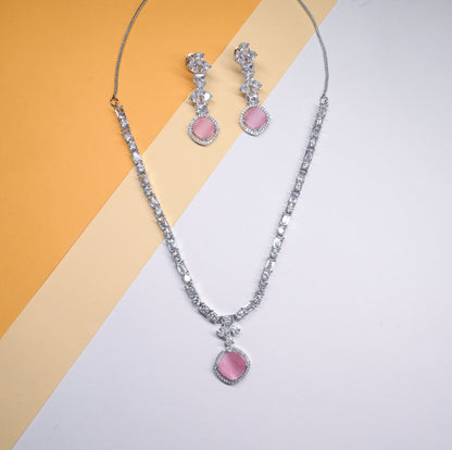 Delicate Blush Pink Cushion Cut Cubic Zirconia Pendant Necklace Set