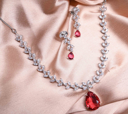 Enchanting Red teardrop Pendant AD Necklace Set