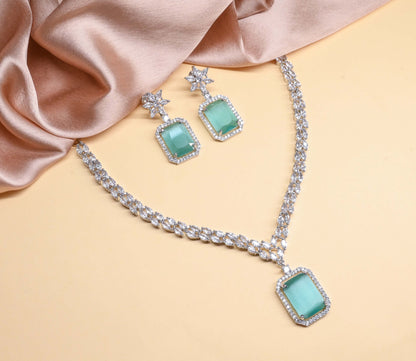 Dazzling Mint Green Square Cut Stone Diamond Necklace Set