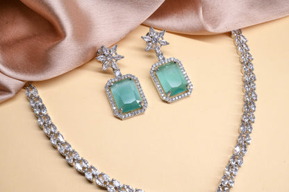 Dazzling Mint Green Square Cut Stone Diamond Necklace Set