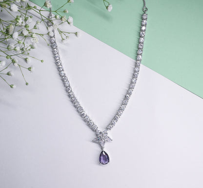 Luxurious Purple Teardrop Floral Pendant Necklace with Earrings