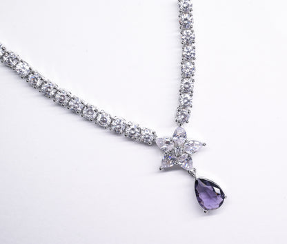 Luxurious Purple Teardrop Floral Pendant Necklace with Earrings