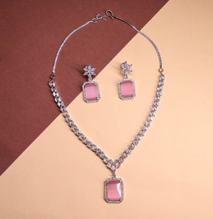 Graceful Soft Pink Square Radiant Stone Necklace with Earrings