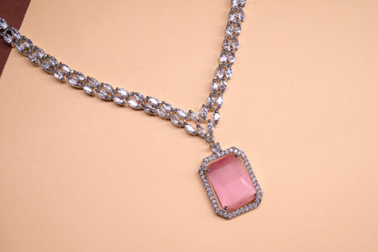 Graceful Soft Pink Square Radiant Stone Necklace with Earrings
