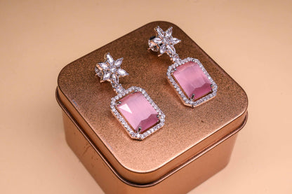 Graceful Soft Pink Square Radiant Stone Necklace with Earrings