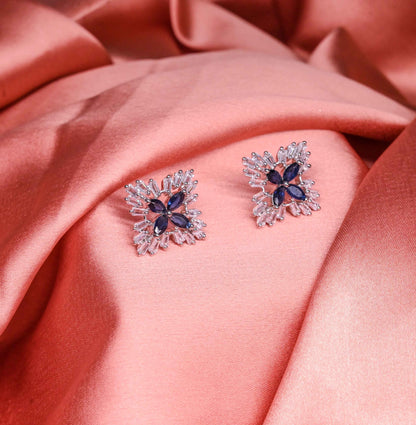 Luxurious Blue Floral American Diamond Stud Earrings