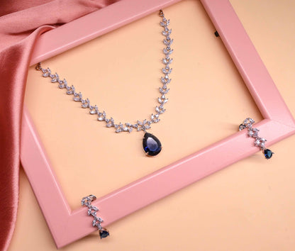 Glamorous Royal Blue Teardrop Pendant AD Necklace Set