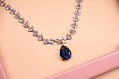 Glamorous Royal Blue Teardrop Pendant AD Necklace Set