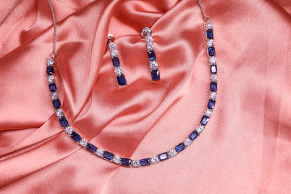 Minimal Royal Blue Stone & AD Necklace with Earrings
