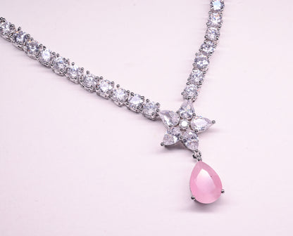 Blush Pink Teardrop Floral Pendant Necklace with Earrings