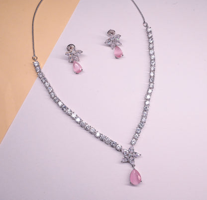 Blush Pink Teardrop Floral Pendant Necklace with Earrings