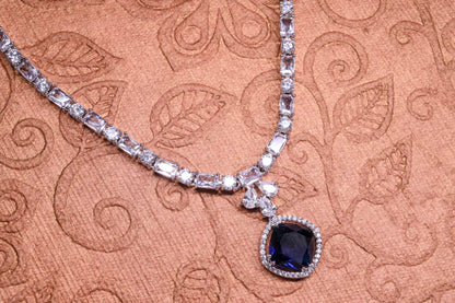 Timeless Royal Blue Cushion Cut Cubic Zirconia Pendant Necklace Set