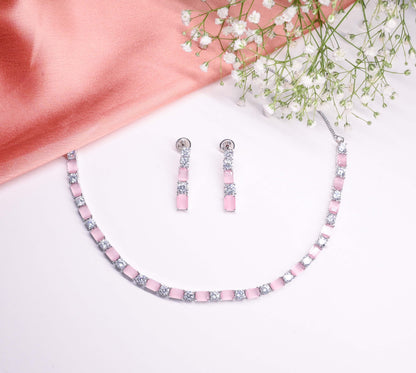 Refined Minimal Pastel Pink Stone & AD Necklace with Earrings