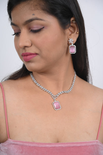 Graceful Soft Pink Square Radiant Stone Necklace with Earrings