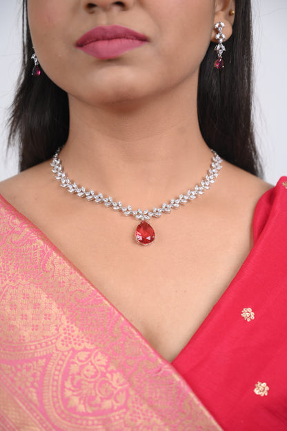 Enchanting Red teardrop Pendant AD Necklace Set