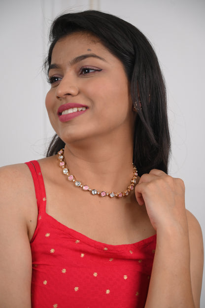 Handcrafted Circular Real Kundan Neckpiece in Pastel Pink