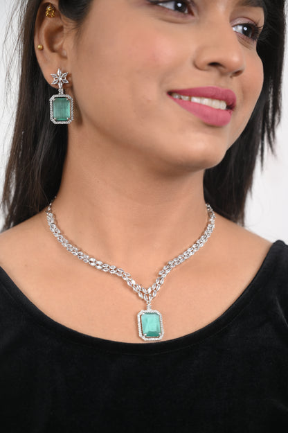 Dazzling Mint Green Square Cut Stone Diamond Necklace Set