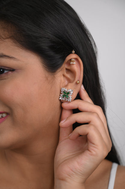 Exquisite Green Floral American Diamond Stud Earrings