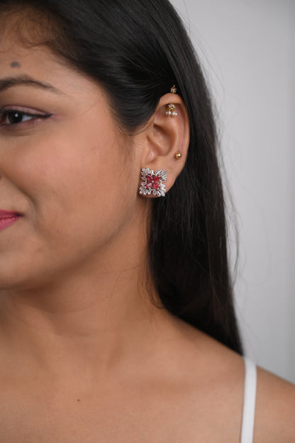 Elegant Red-Center American Diamond Stud Earrings